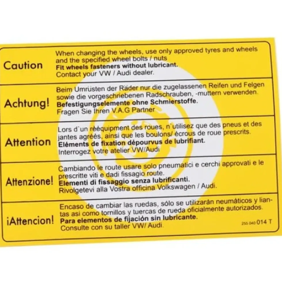 Autocollant d'information de changement de pneu pour VOLKSWAGEN Transporter T5 (2003-2015)